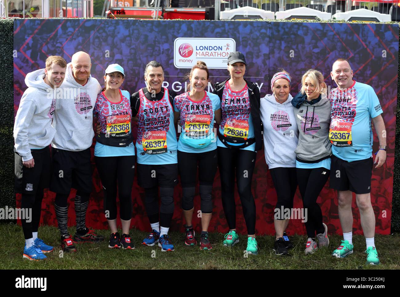 April 28, 2019 - London, United Kingdom - Jamie Borthwick, Emma Barton, Kellie Shirley, Natalie Cassidy, Jane Slaughter, Tanya Franks, Scott Mitchell, Jake Wood and Adam Woodyatt at the Virgin Money London Marathon 2019 (Credit Image: © Brett Cove/SOPA Images via ZUMA Wire) Stock Photo