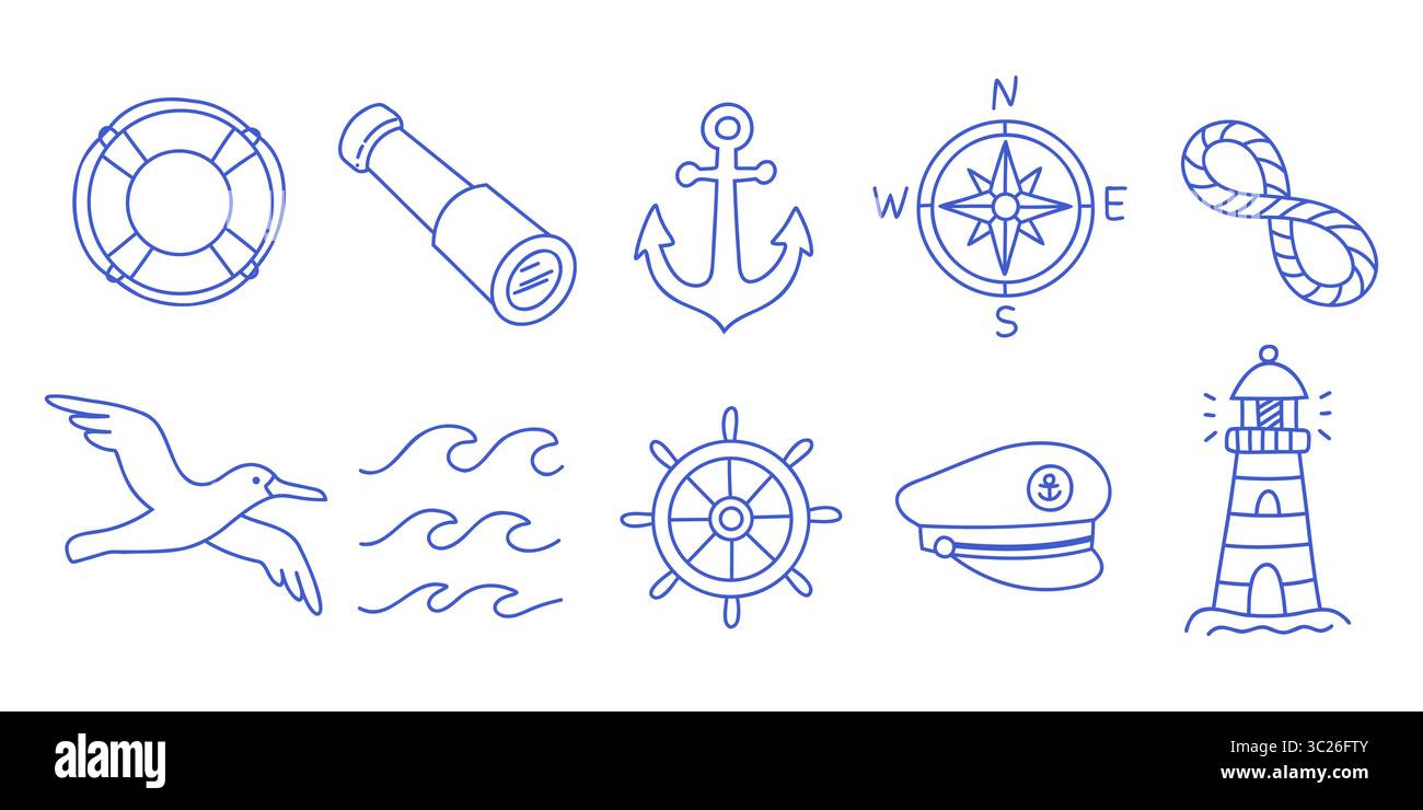 Set of 10 vector nautical icons. Marine navigation and sailing objects pack. Blue line editable vector elements Stock Vector