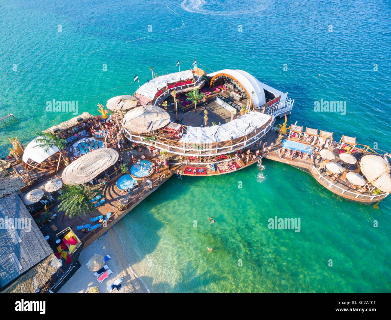 August 30, 2016 - Zadar County, Croatia - PAG, CROATIA - AUGUST 30, 2014: Aerial view of beach and clubs at popular Zrce beach (Credit Image: © Amazing Aerial via ZUMA Wire) Stock Photo