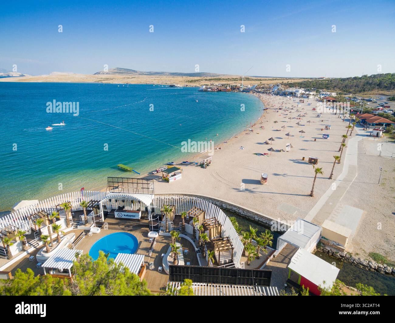 August 30, 2016 - Novalja, Lika-Senj County, Croatia - PAG, CROATIA - AUGUST 30, 2014: Aerial view of beach and clubs at popular Zrce beach (Credit Image: © Amazing Aerial via ZUMA Wire) Stock Photo