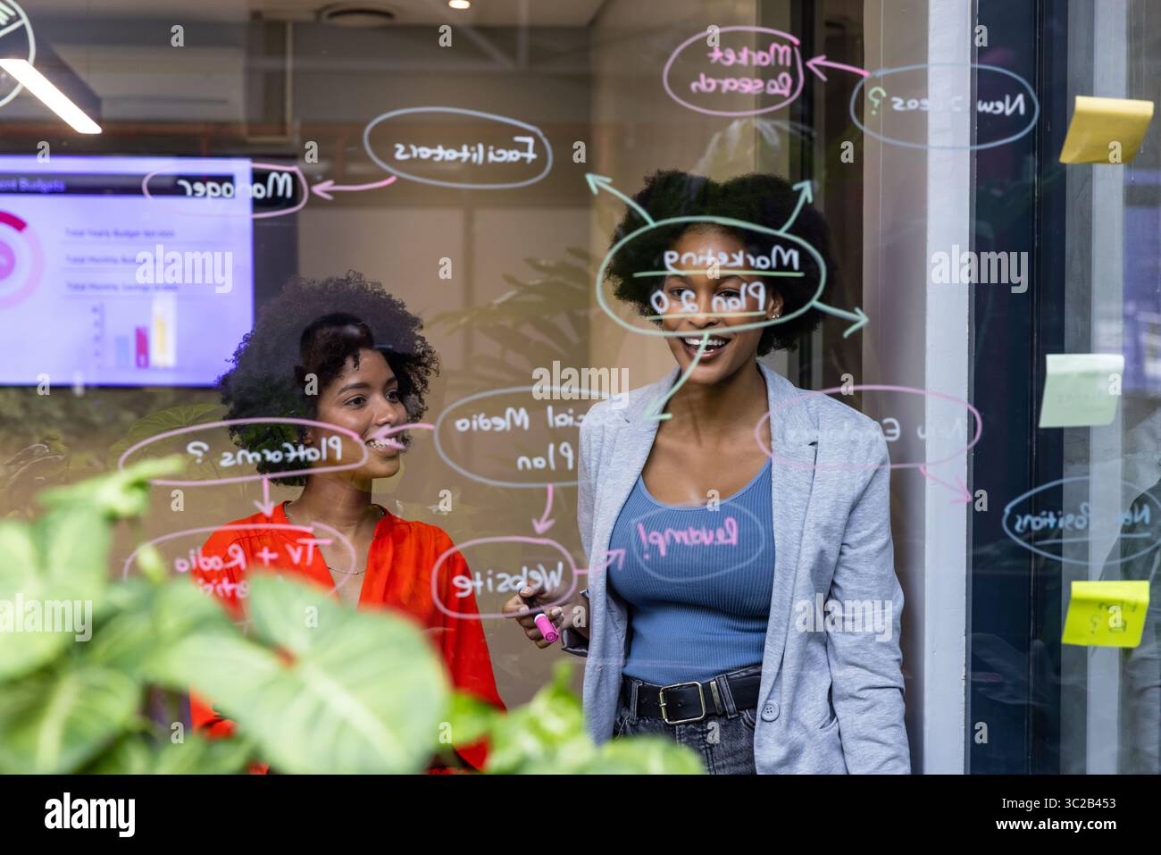 African American female coworkers writing marketing plan notes on glass partition at modern office Stock Photo