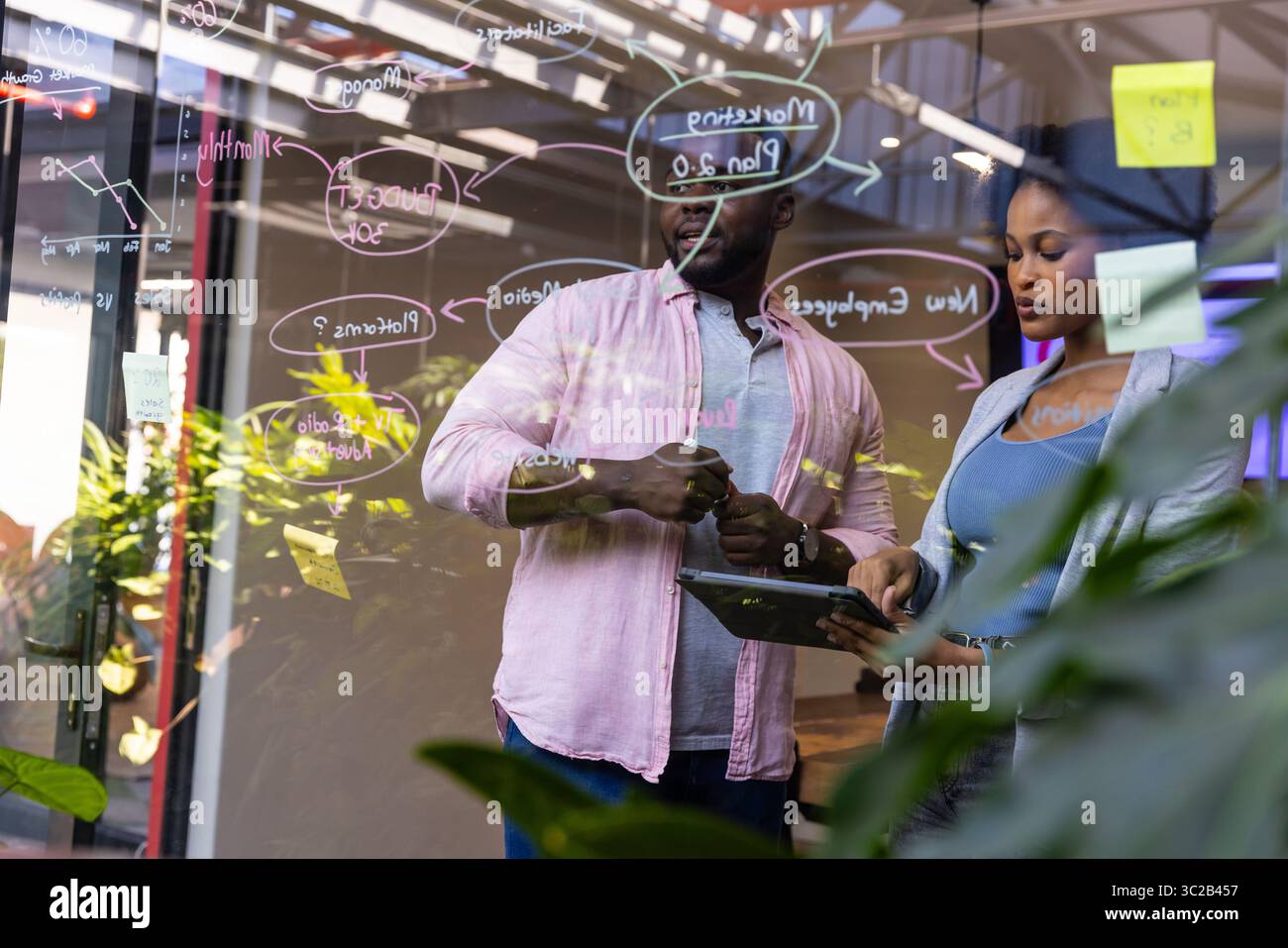 African American coworkers collaborating at office glass wall diagramming with notes and marker Stock Photo