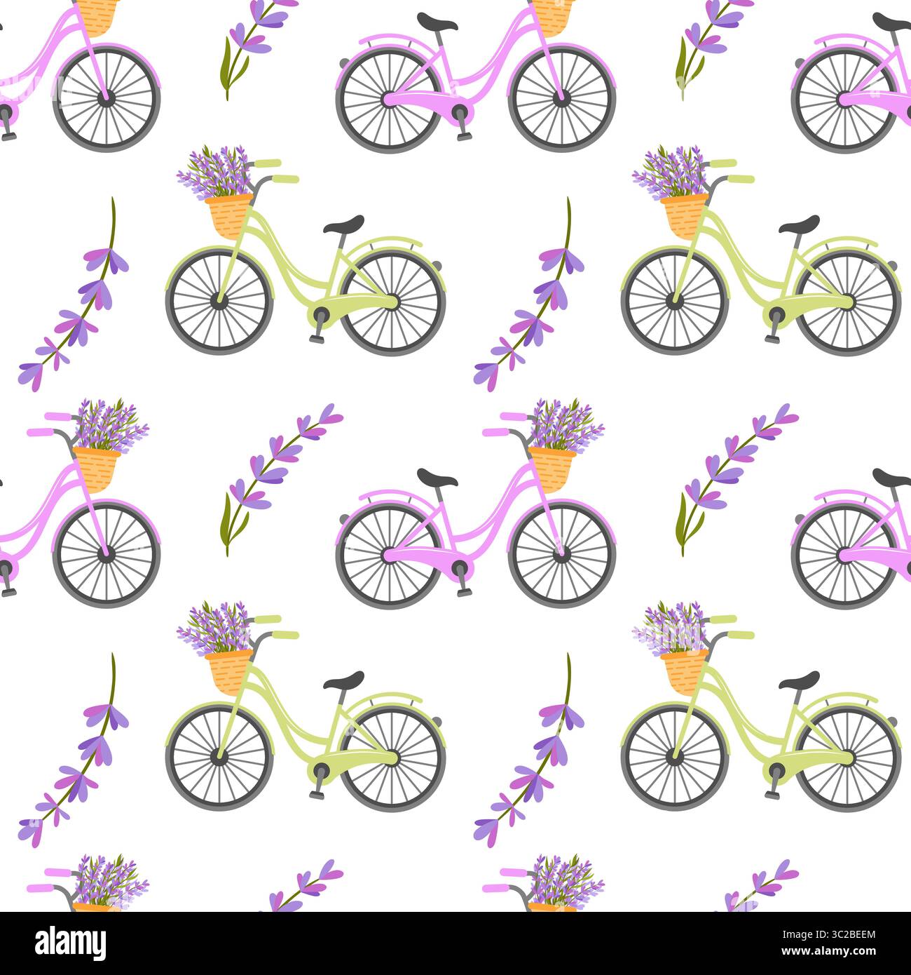 seamless pattern with bicycles and lavender flowers, perfect for spa, wellness, or nature themed designs. Stock Vector