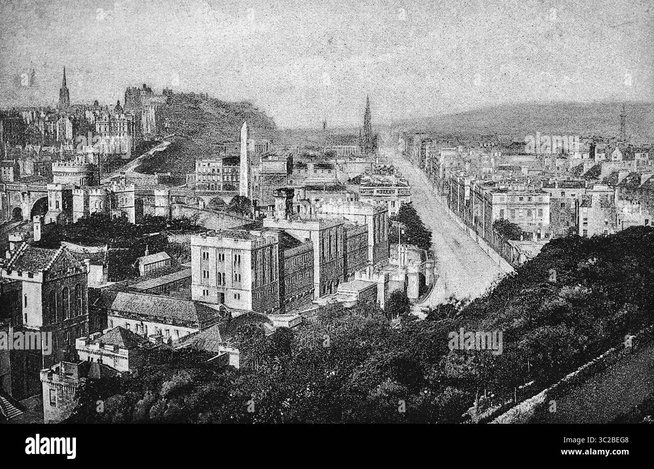 Edinburgh with Edinburgh Castle and Princess Street, cityscape seen from Calton Hill, Obelisk, Georgian Houses, Scottish capital, Midlothian, Scotland Stock Photo