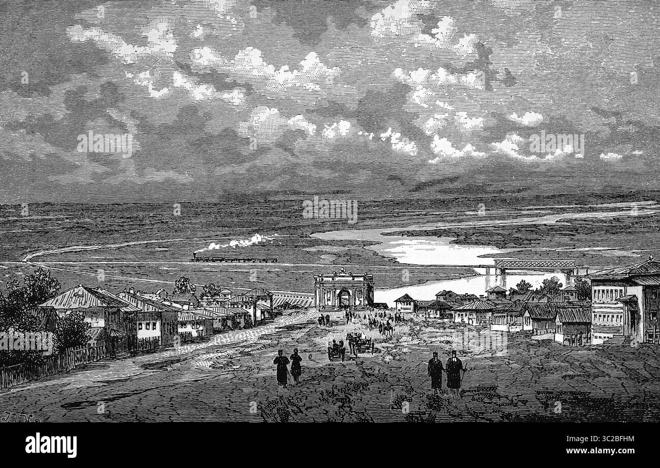 Steppe landscape in the south of Russia, village, city gate, road, water, railway, wide plain, people, historical illustration 1986 Stock Photo