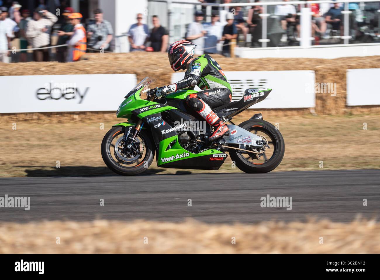 The Kawasaki ZX-10R World Superbike machine of Tom Sykes sits in