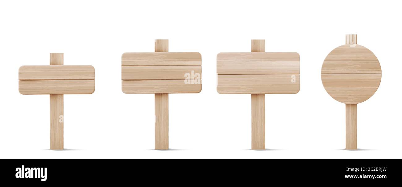 3d wood board signpost set - blank wooden planks on posts, rectangular ...