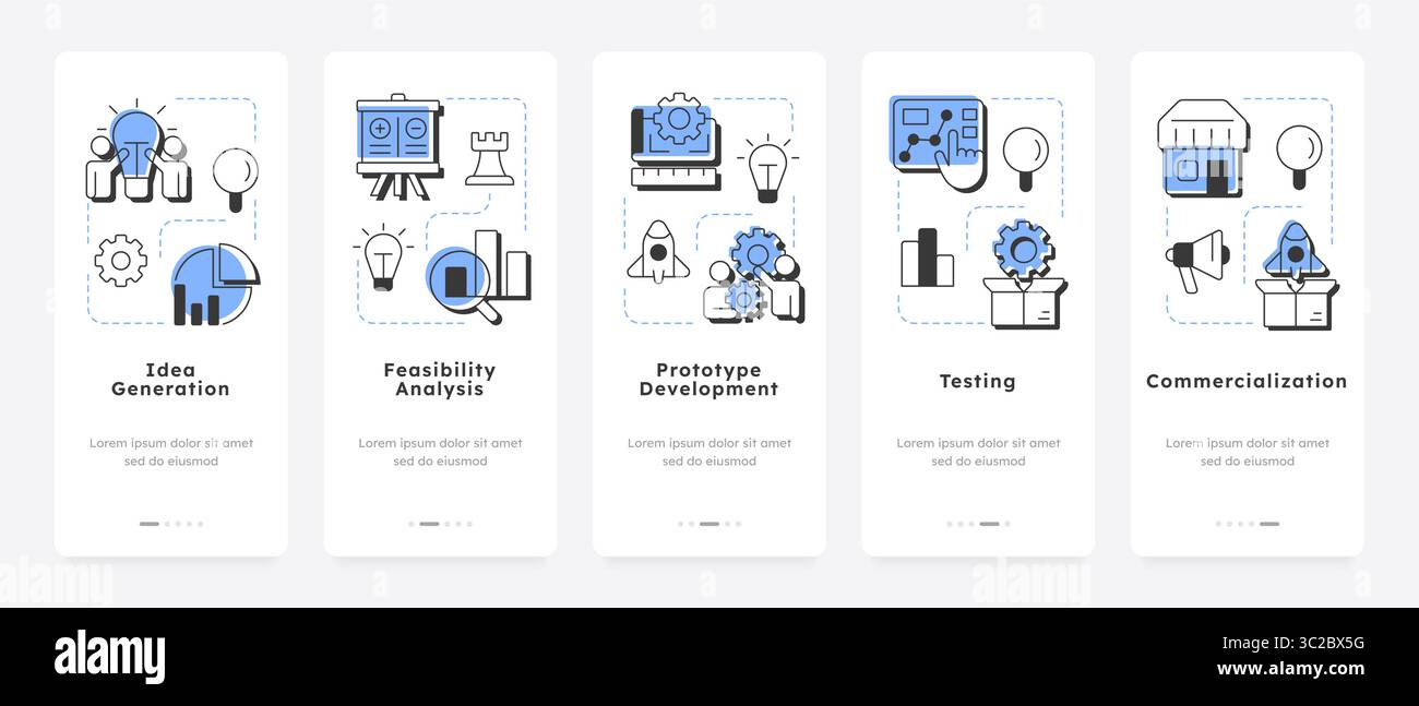 Innovation funnel mobile app onboarding screens Stock Vector