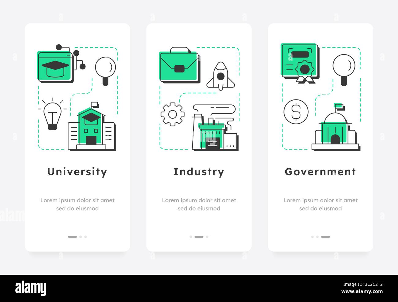 Triple helix model mobile app onboarding screens Stock Vector
