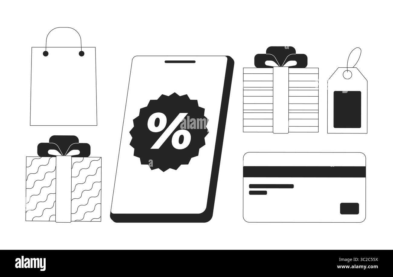 Online shopping and payment 2D line objects set Stock Vector