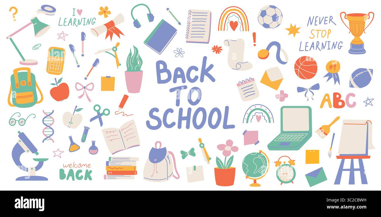 Back to School illustration. Set school supplies. School colorful ...