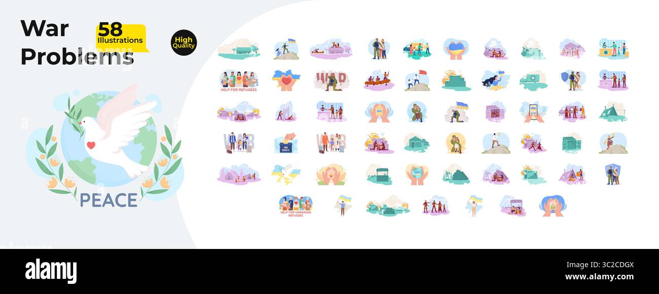 War crisis and peacebuilding efforts cartoon flat illustrations mega bundle Stock Vector