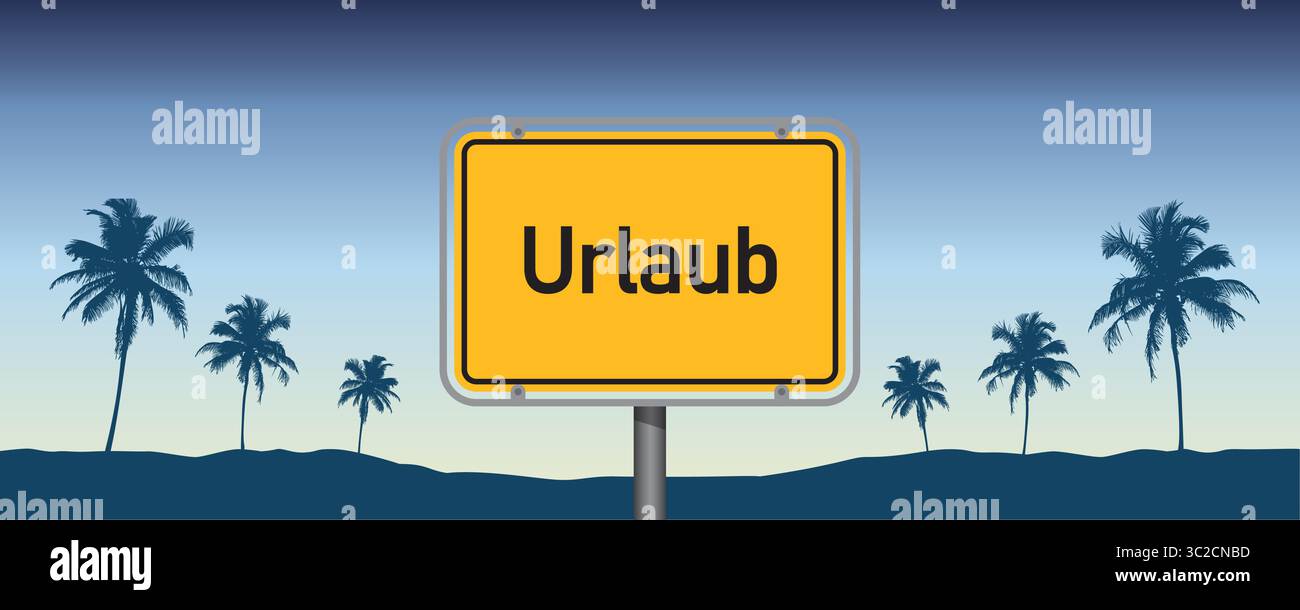 german text vacation on yellow sign on blue sky background with palm leaves vector illustration Stock Vector
