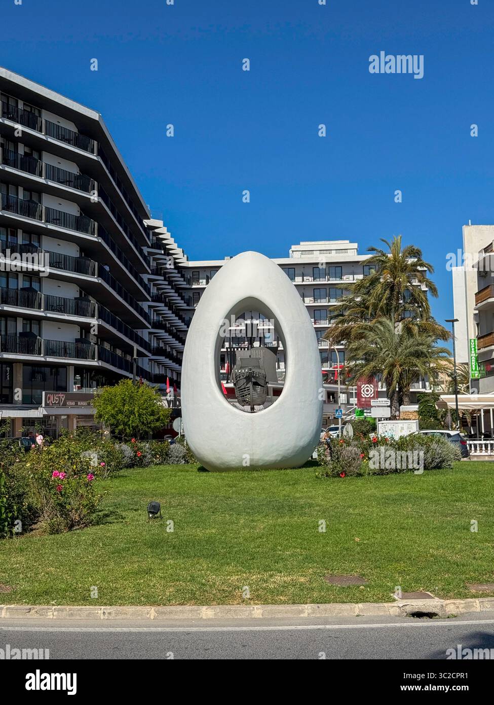 The Egg of Columbus Monument, Passeig de ses Fonts, Sant Antoni de Portmany, Ibiza, Balearic Islands - Smartphone Captured Stock Image