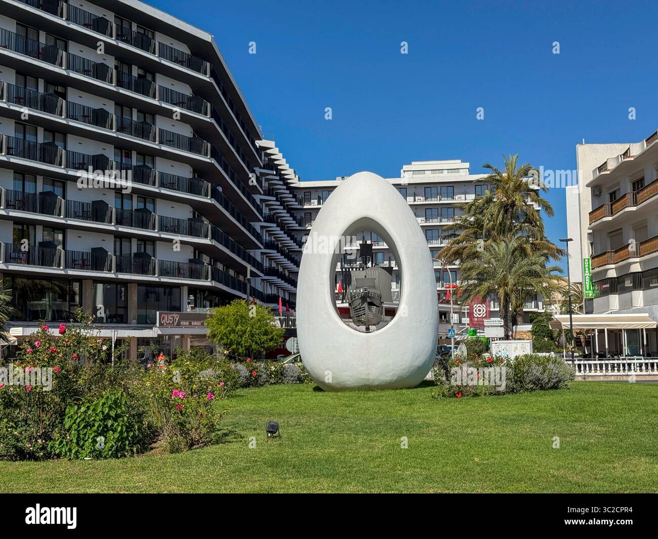 The Egg of Columbus Monument, Passeig de ses Fonts, Sant Antoni de Portmany, Ibiza, Balearic Islands - Smartphone Captured Stock Image