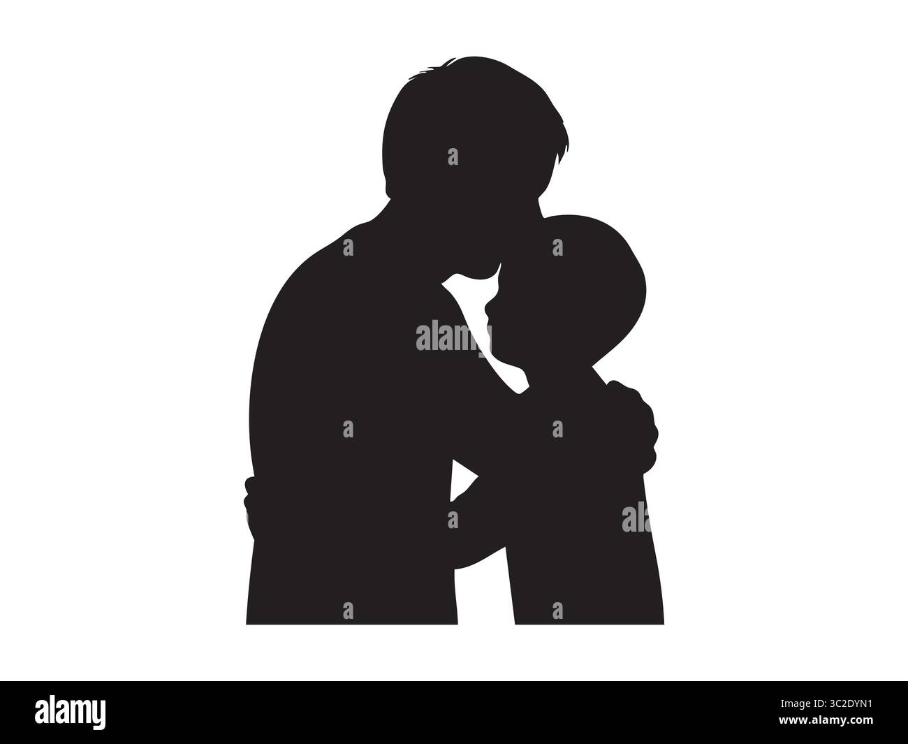 Black silhouette of man hugging child, isolated on white background ...