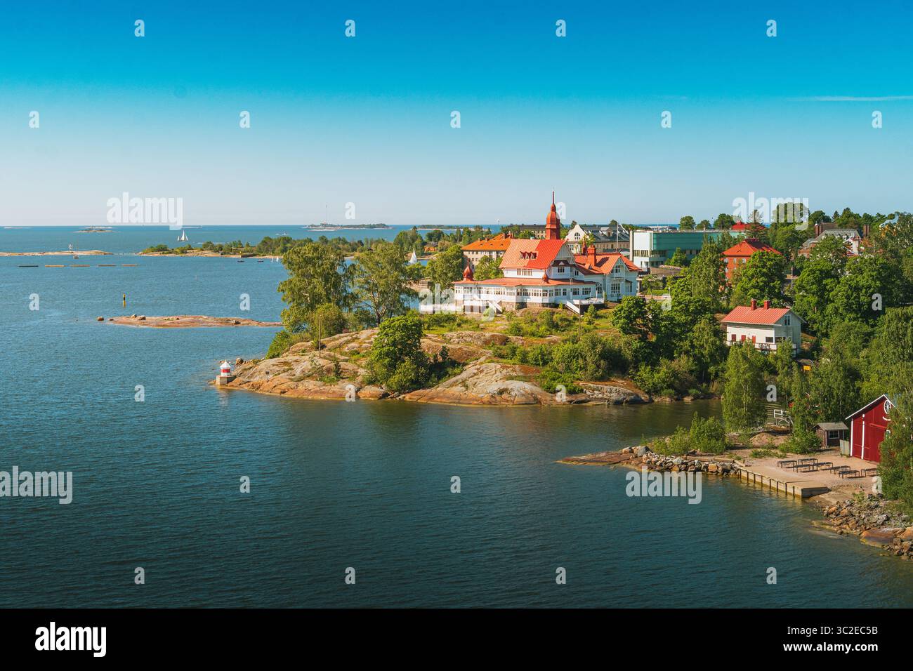 Restaurant Saaristo in Helsinki, Finland. House with white walls and red roof on the island of Luoto Stock Photo