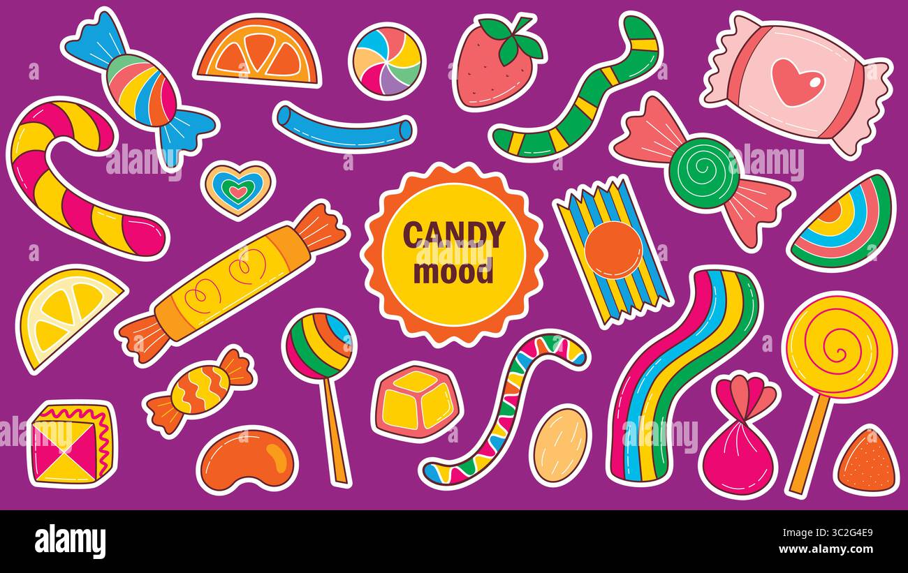 Bright stickers candy mood set. Caramel, lollipops, chewing gum ...