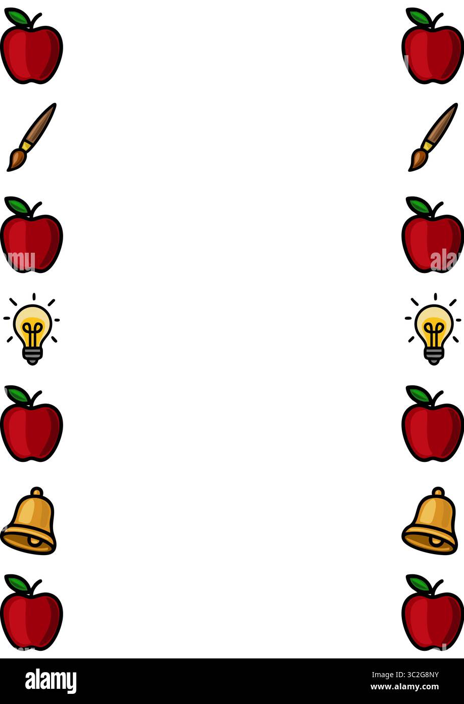 Vertical seamless vector pattern with red apples, paintbrushes, light bulbs, and golden bells, ideal for back-to-school designs or educational project Stock Vector