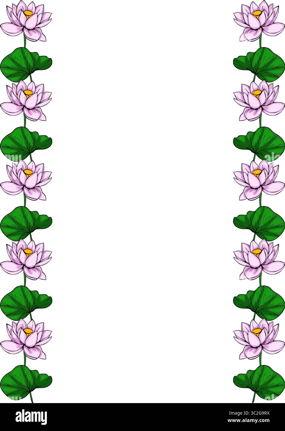 Elegant vector illustration of a vertical frame with delicate pink lotus flowers and green leaves, perfect for invitations or cards. Stock Vector