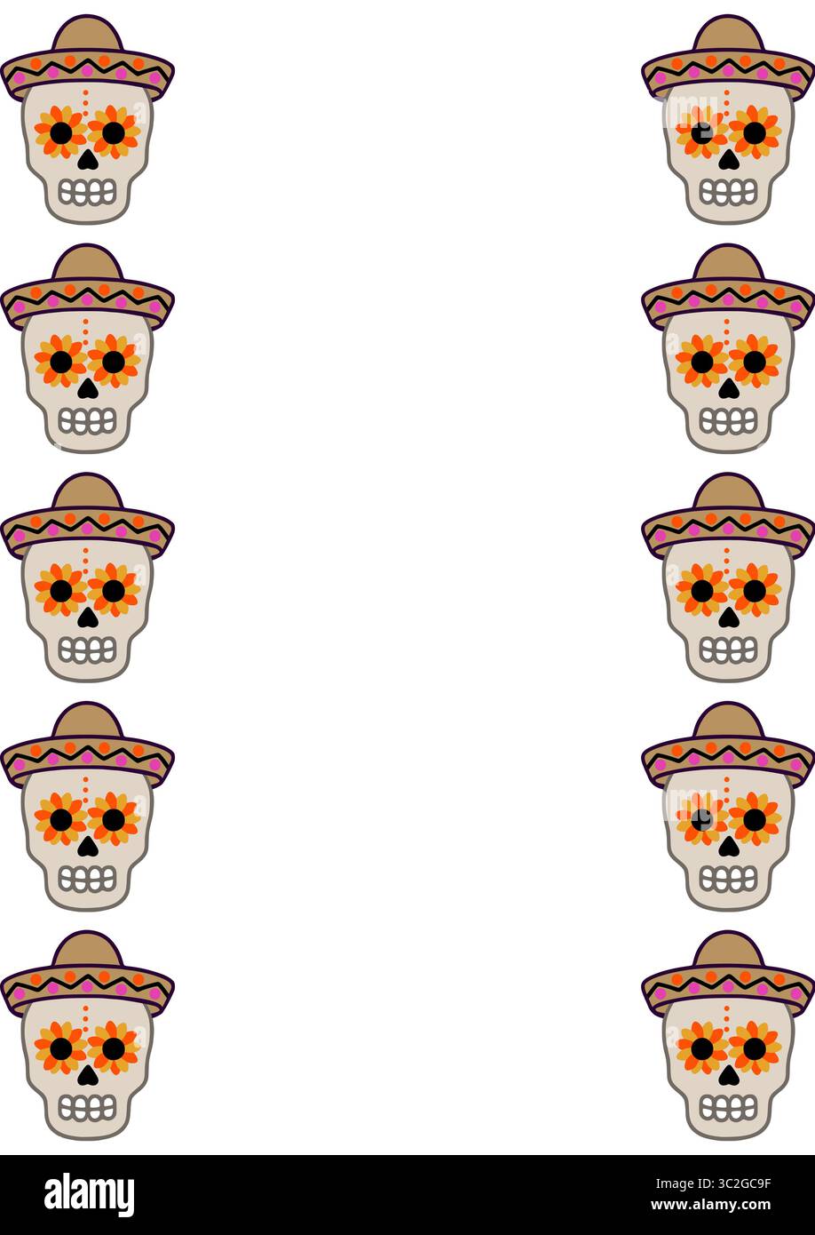 Festive vector border design featuring ten stylized sugar skulls in sombreros, adorned with vibrant orange and yellow floral eye decorations, perfect Stock Vector