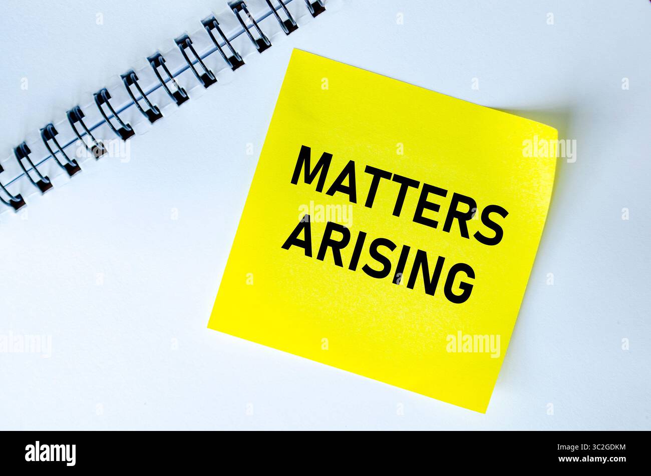 Matters Arising text on yellow notepad. Meeting agenda concept Stock ...