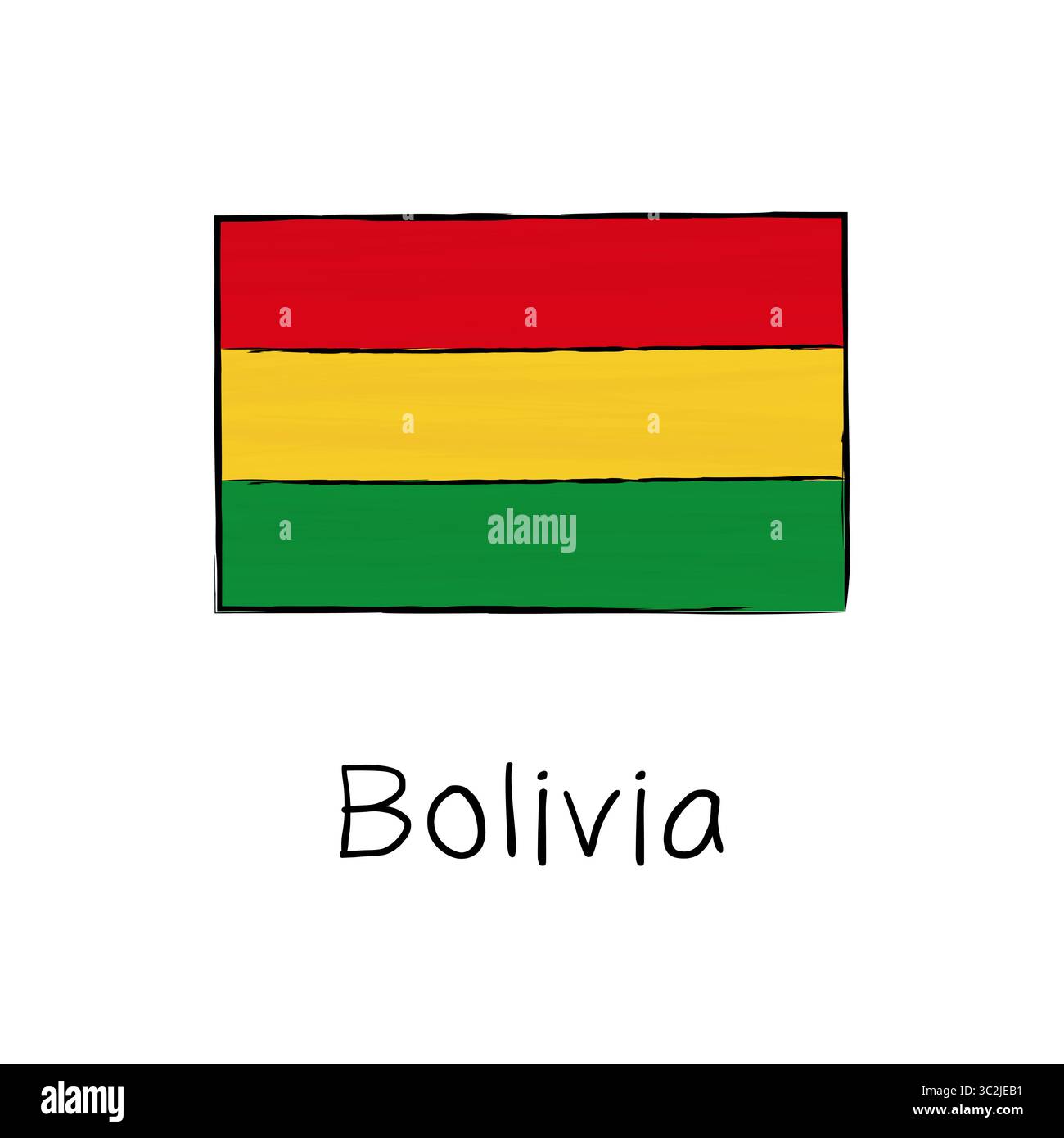 Bolivia flag with outline and signature isolated on a white background. Hand drawn color vector illustration in sketch style. Stock Vector