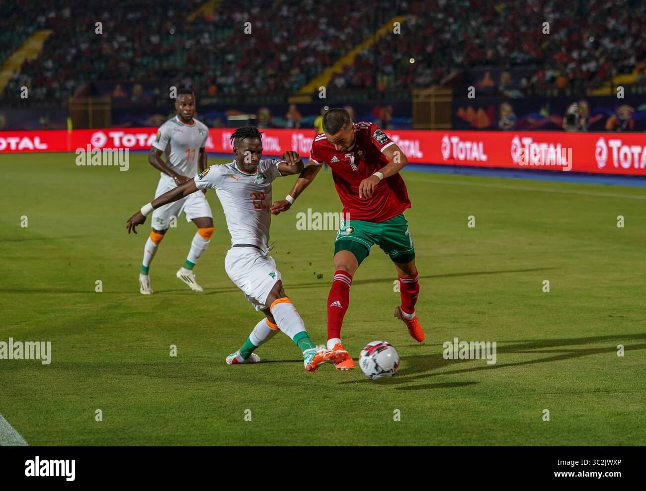 June 28, 2019: Bagayoko Mamadou of Cote Dâ€™ivoire tackling Hakim Ziyach of Morocco during the 2019 African Cup of Nations match between Morocco and Ivory Coast at the CÃ´te d'Ivoire in Cairo, Egypt. Ulrik Pedersen/CSM.(Credit Image: &copy; Ulrik Pedersen/CSM via ZUMA Wire) Stock Photo