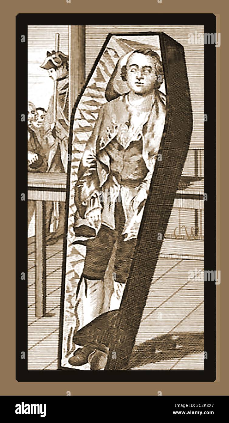 Earl Ferrers laying in his coffin at Surgeons Hall. Laurence Shirley, 4th Earl Ferrers, was the last aristocrat hanged in England. Ferrers a reputed brutally  angry  heavy drinker, when drunk shot his Steward named Johnson at Staunton Harold Hall in Leicestershire on 18 January 1760. He  was executed by hanging at Tyburn on 5 May 1760 and after having his body was displayed at Barber-Surgeons' Hall in Monkwell Street  he was later dissected . Stock Photo