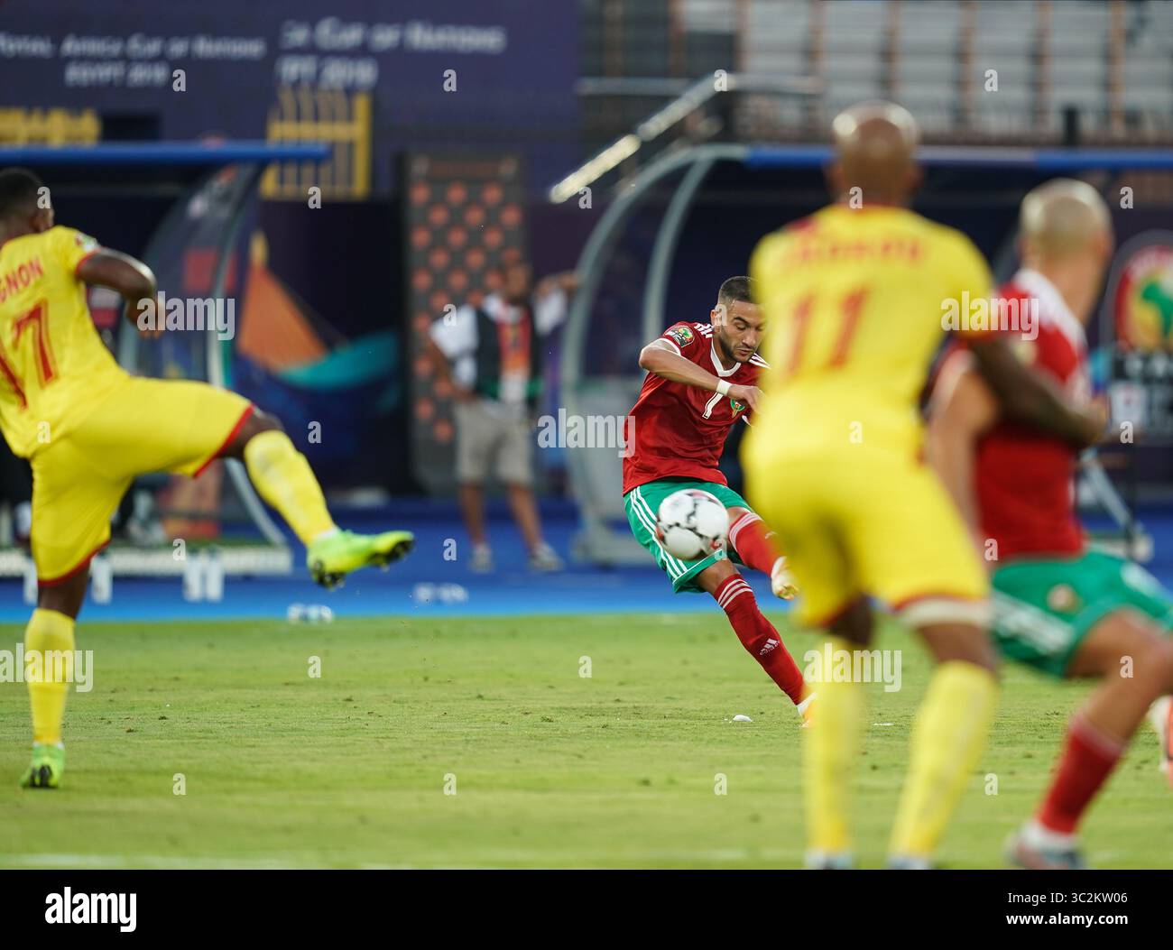 FRANCE OUT July 5, 2019: Hakim Ziyach of Morocco shooting on goal during the 2019 African Cup of Nations match between Marocco and Benin at the Al Salam Stadium in Cairo, Egypt. Ulrik Pedersen/CSM.(Credit Image: &copy; Ulrik Pedersen/CSM via ZUMA Wire) Stock Photo