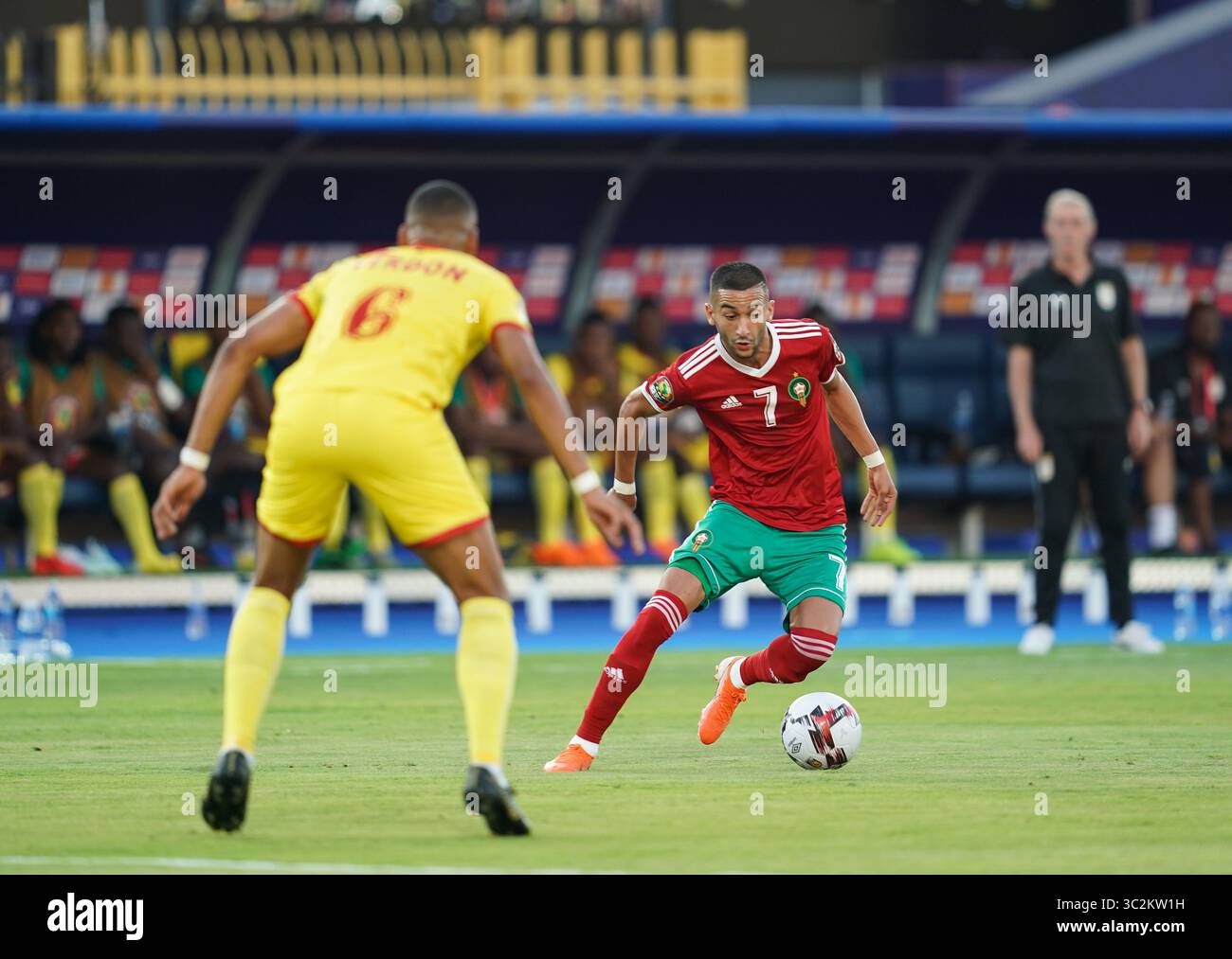 FRANCE OUT July 5, 2019: Hakim Ziyach of Morocco dribbling during the 2019 African Cup of Nations match between Marocco and Benin at the Al Salam Stadium in Cairo, Egypt. Ulrik Pedersen/CSM.(Credit Image: &copy; Ulrik Pedersen/CSM via ZUMA Wire) Stock Photo