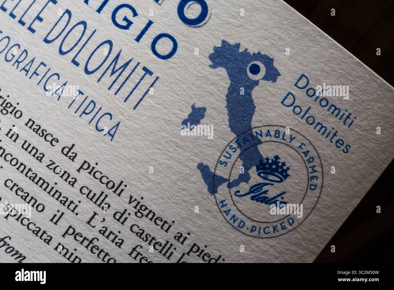 sustainably farmed hand picked Italia symbol on label on back of bottle of Forte Alto Pinot Grigio white wine Delle Venezie doc 2024 Stock Photo