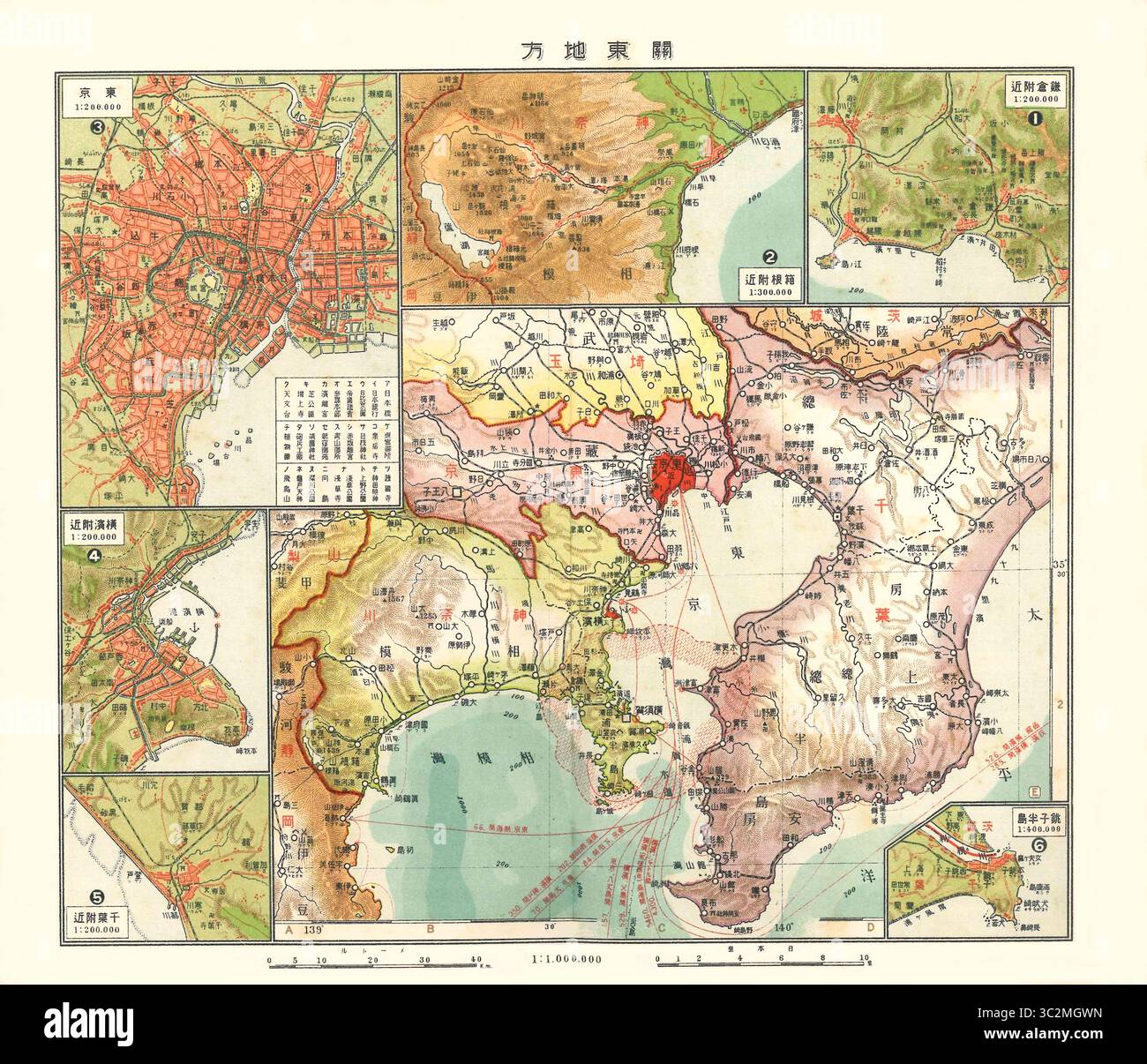 Vintage map of the Kanto region of Japan as of 1920 (Tokyo