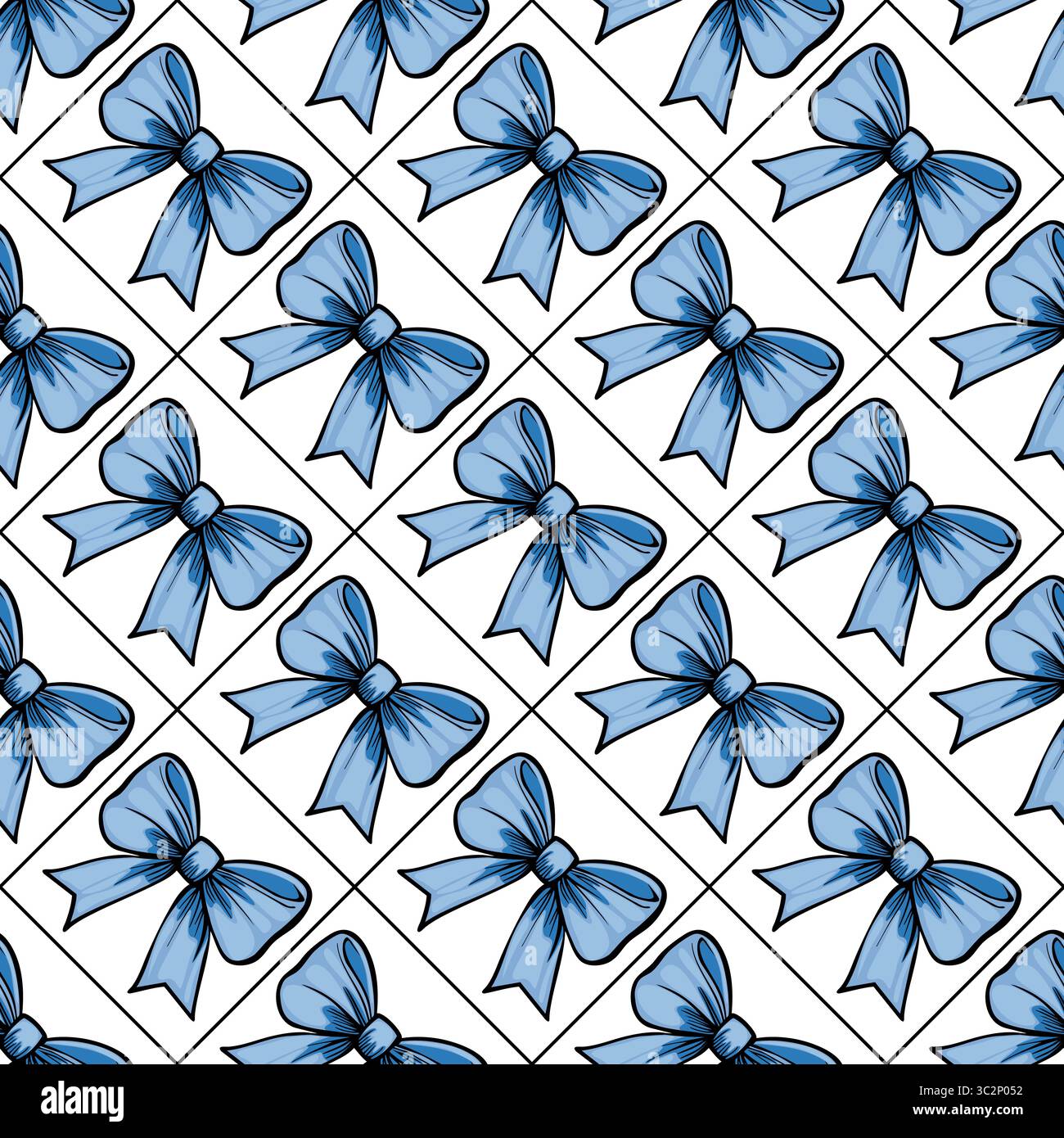 A vectors seamless pattern featuring blue bows on a white background, arranged in a grid layout. The bows are illustrated with a simple, clean design, Stock Vector