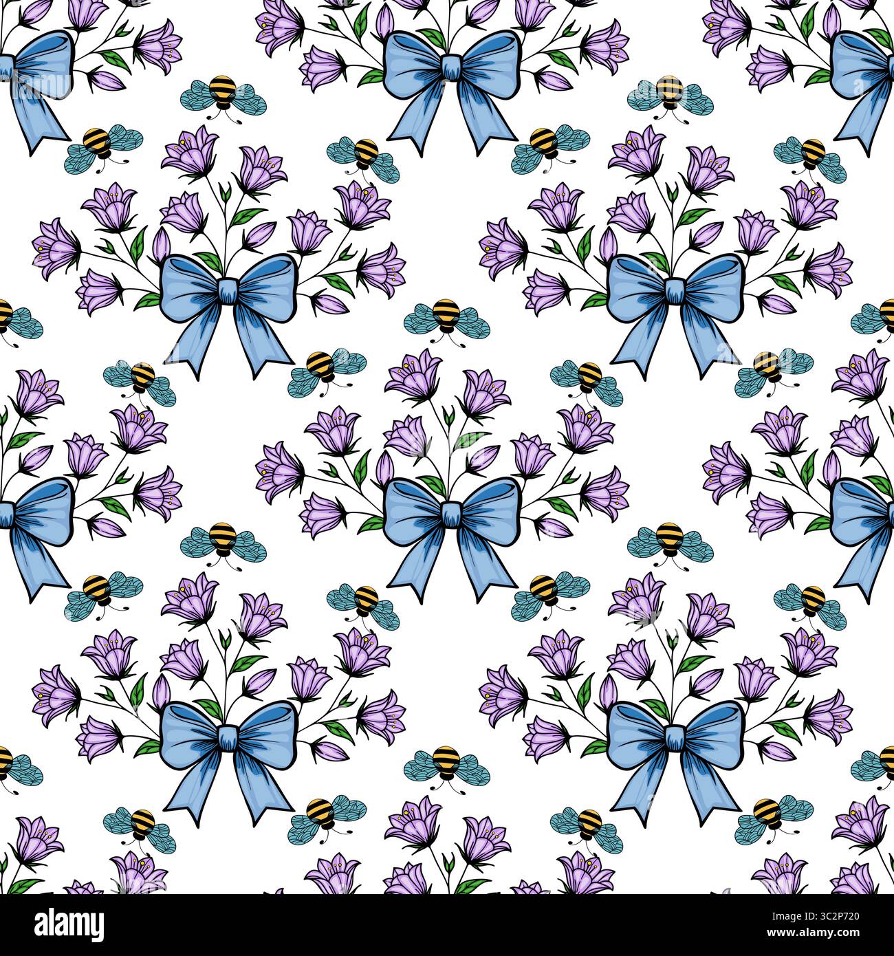 A vector seamless pattern featuring clusters of purple bellbellflowers tied with blue bows, accompanied by small blue butterflies and brown striped be Stock Vector