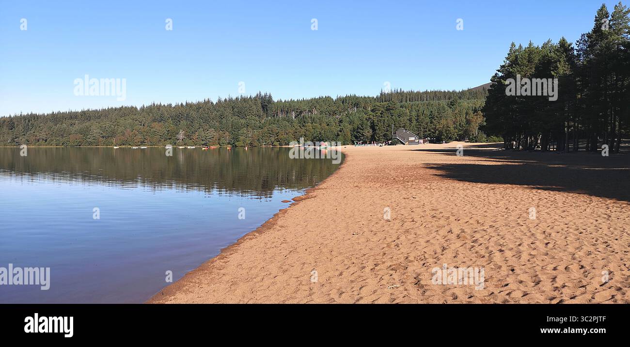 Sandy beach on Loch Morlich in the Caledonian pine forest of Glenmore in the Cairngorms National Park near Aviemore, Scotland. - Smartphone Captured Stock Image