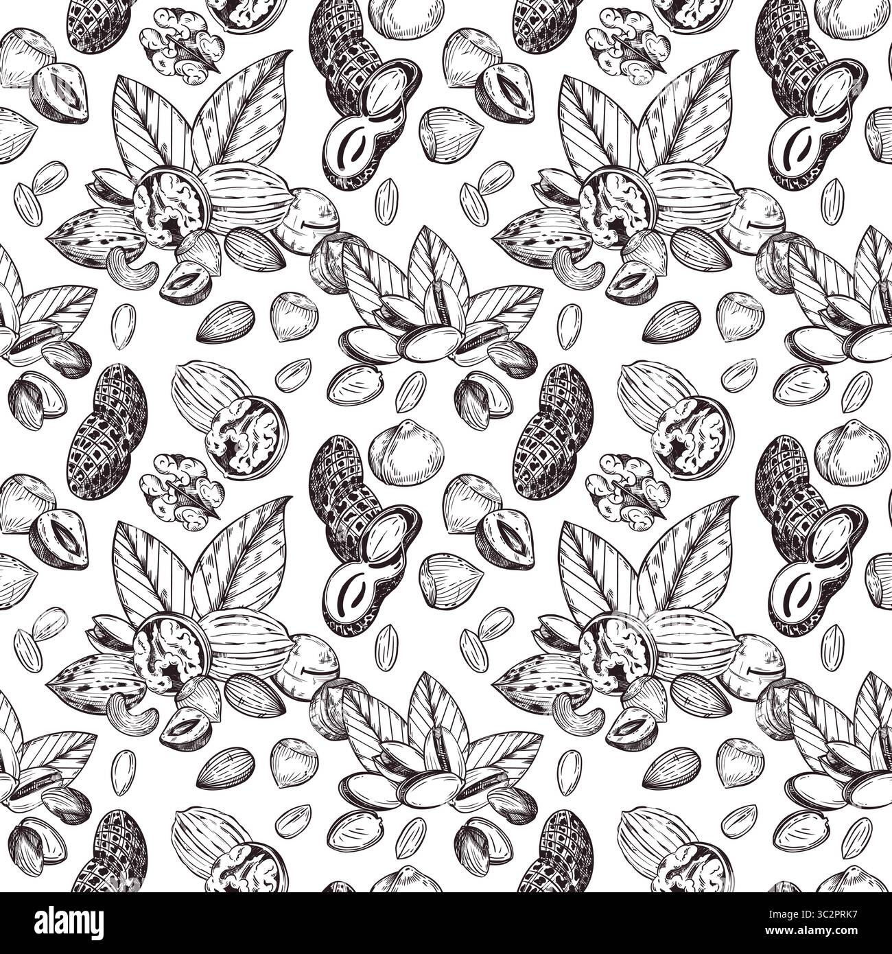 Seamless vector pattern of nuts, pistachios, walnuts, peanuts, hazelnuts, tree leaves. All objects are hand-drawn with ink. The illustration is Stock Vector