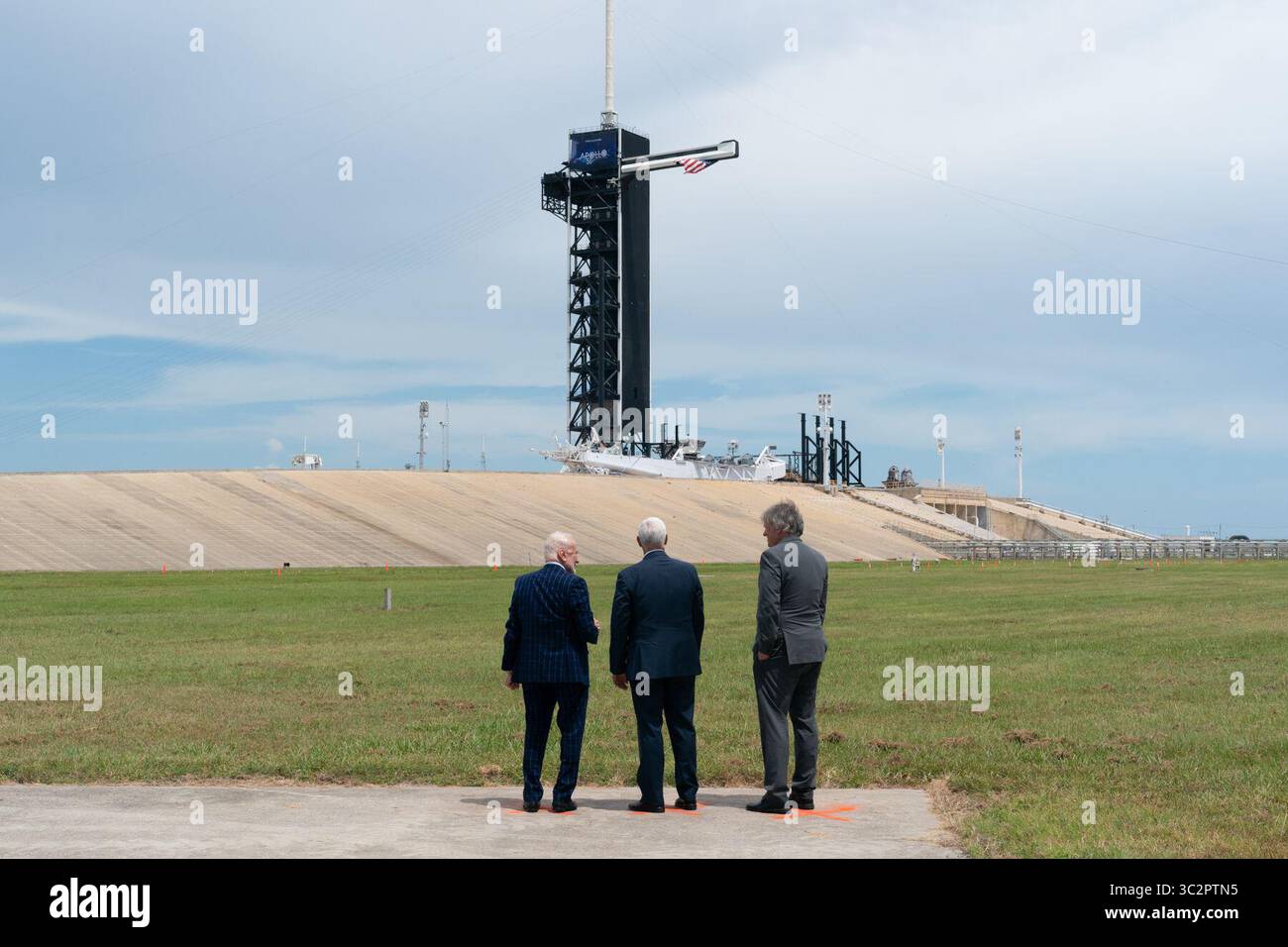 July 20, 2019 - Kennedy Space Center, Florida, USA - Vice President MIKE PENCE is marking the 50th anniversary of humanity's first moon landing at the Apollo 11 launch site. Moonwalker Buzz Aldrin accompanied Pence to Florida's Kennedy Space Center on Saturday and showed him the pad where he began that momentous journey 50 years ago. Aldrin later got a standing ovation during a speech by Pence. (Credit Image: © White House/ZUMA Wire/ZUMAPRESS.com) Stock Photo