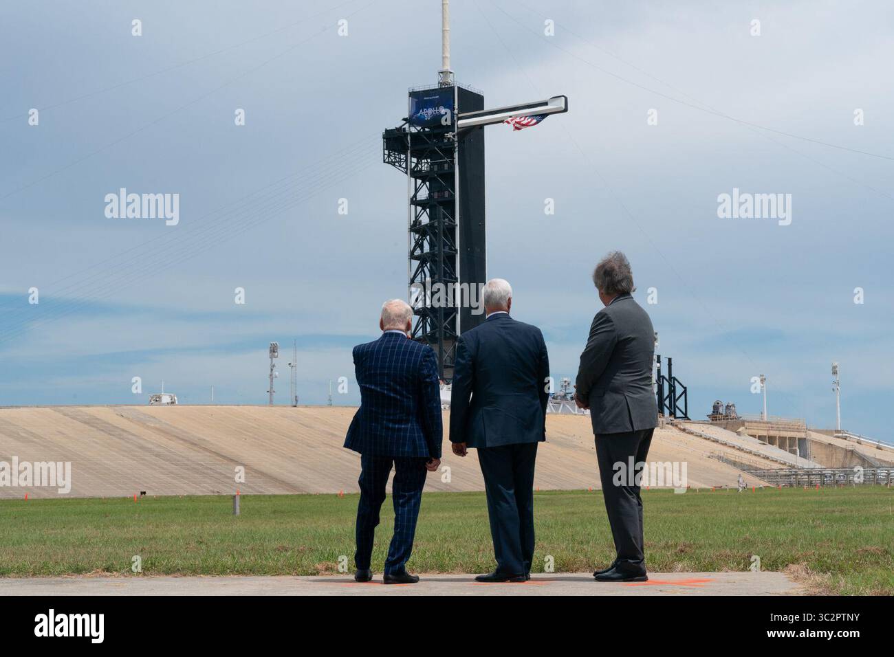 July 20, 2019 - Kennedy Space Center, Florida, USA - Vice President MIKE PENCE is marking the 50th anniversary of humanity's first moon landing at the Apollo 11 launch site. Moonwalker Buzz Aldrin accompanied Pence to Florida's Kennedy Space Center on Saturday and showed him the pad where he began that momentous journey 50 years ago. Aldrin later got a standing ovation during a speech by Pence. (Credit Image: © White House/ZUMA Wire/ZUMAPRESS.com) Stock Photo
