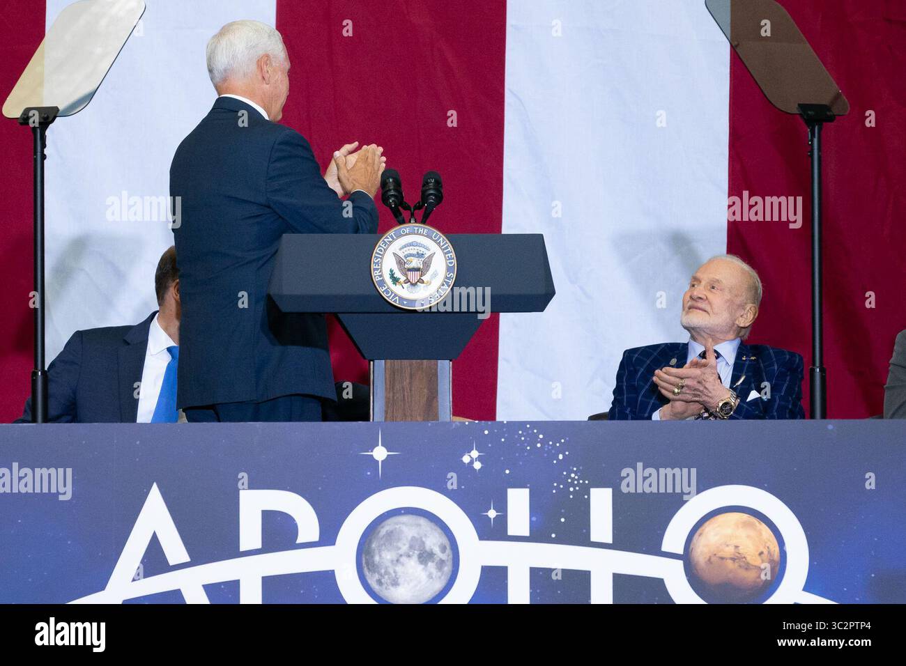 July 20, 2019 - Kennedy Space Center, Florida, USA - Vice President MIKE PENCE is marking the 50th anniversary of humanity's first moon landing at the Apollo 11 launch site. Moonwalker BUZZ ALDRIN accompanied Pence to Florida's Kennedy Space Center on Saturday and showed him the pad where he began that momentous journey 50 years ago. Aldrin later got a standing ovation during a speech by Pence. (Credit Image: © White House/ZUMA Wire/ZUMAPRESS.com) Stock Photo