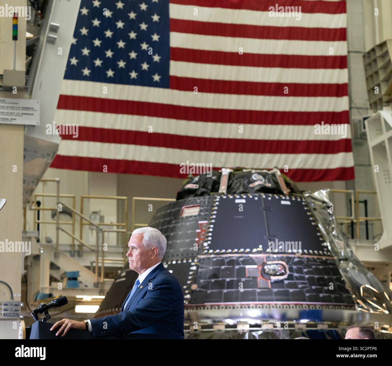 July 20, 2019 - Kennedy Space Center, Florida, USA - Vice President MIKE PENCE is marking the 50th anniversary of humanity's first moon landing at the Apollo 11 launch site. Moonwalker Buzz Aldrin accompanied Pence to Florida's Kennedy Space Center on Saturday and showed him the pad where he began that momentous journey 50 years ago. Aldrin later got a standing ovation during a speech by Pence. (Credit Image: © White House/ZUMA Wire/ZUMAPRESS.com) Stock Photo