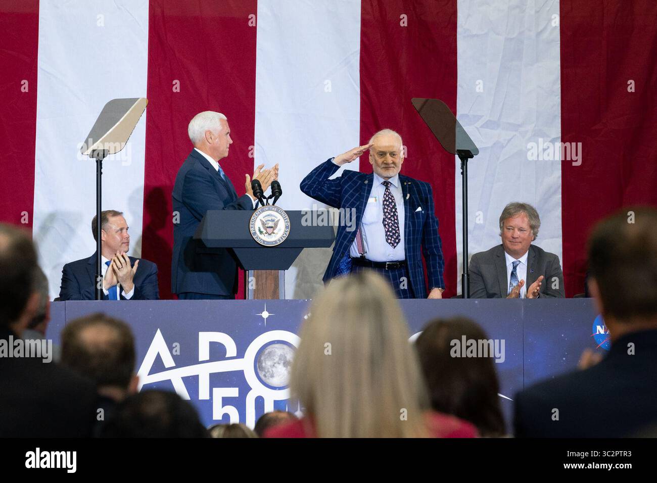 July 20, 2019 - Kennedy Space Center, Florida, USA - Vice President MIKE PENCE is marking the 50th anniversary of humanity's first moon landing at the Apollo 11 launch site. Moonwalker BUZZ ALDRIN accompanied Pence to Florida's Kennedy Space Center on Saturday and showed him the pad where he began that momentous journey 50 years ago. Aldrin later got a standing ovation during a speech by Pence. (Credit Image: © White House/ZUMA Wire/ZUMAPRESS.com) Stock Photo