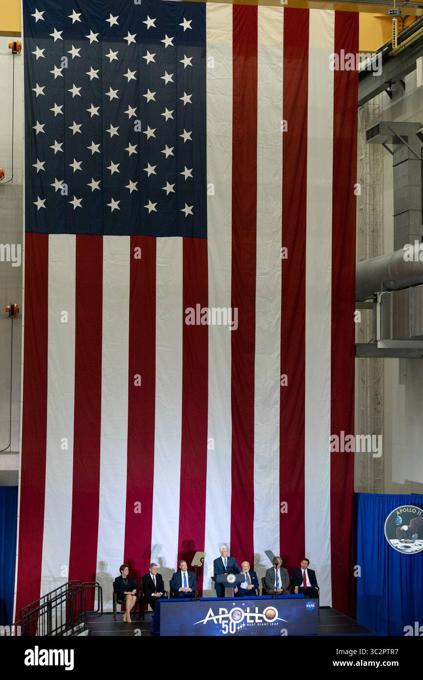 July 20, 2019 - Kennedy Space Center, Florida, USA - Vice President MIKE PENCE is marking the 50th anniversary of humanity's first moon landing at the Apollo 11 launch site. Moonwalker Buzz Aldrin accompanied Pence to Florida's Kennedy Space Center on Saturday and showed him the pad where he began that momentous journey 50 years ago. Aldrin later got a standing ovation during a speech by Pence. (Credit Image: © White House/ZUMA Wire/ZUMAPRESS.com) Stock Photo