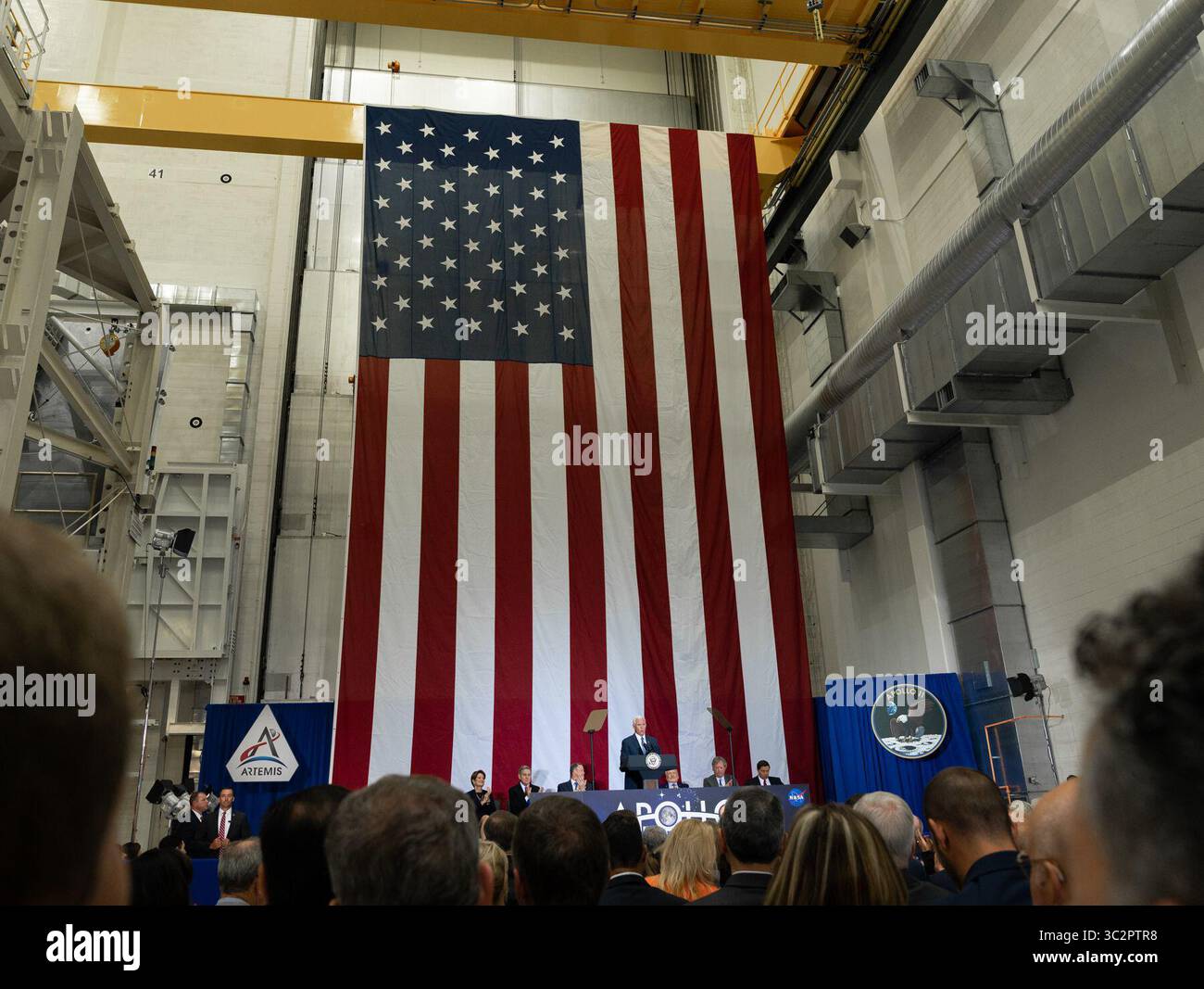 July 20, 2019 - Kennedy Space Center, Florida, USA - Vice President MIKE PENCE is marking the 50th anniversary of humanity's first moon landing at the Apollo 11 launch site. Moonwalker Buzz Aldrin accompanied Pence to Florida's Kennedy Space Center on Saturday and showed him the pad where he began that momentous journey 50 years ago. Aldrin later got a standing ovation during a speech by Pence. (Credit Image: © White House/ZUMA Wire/ZUMAPRESS.com) Stock Photo