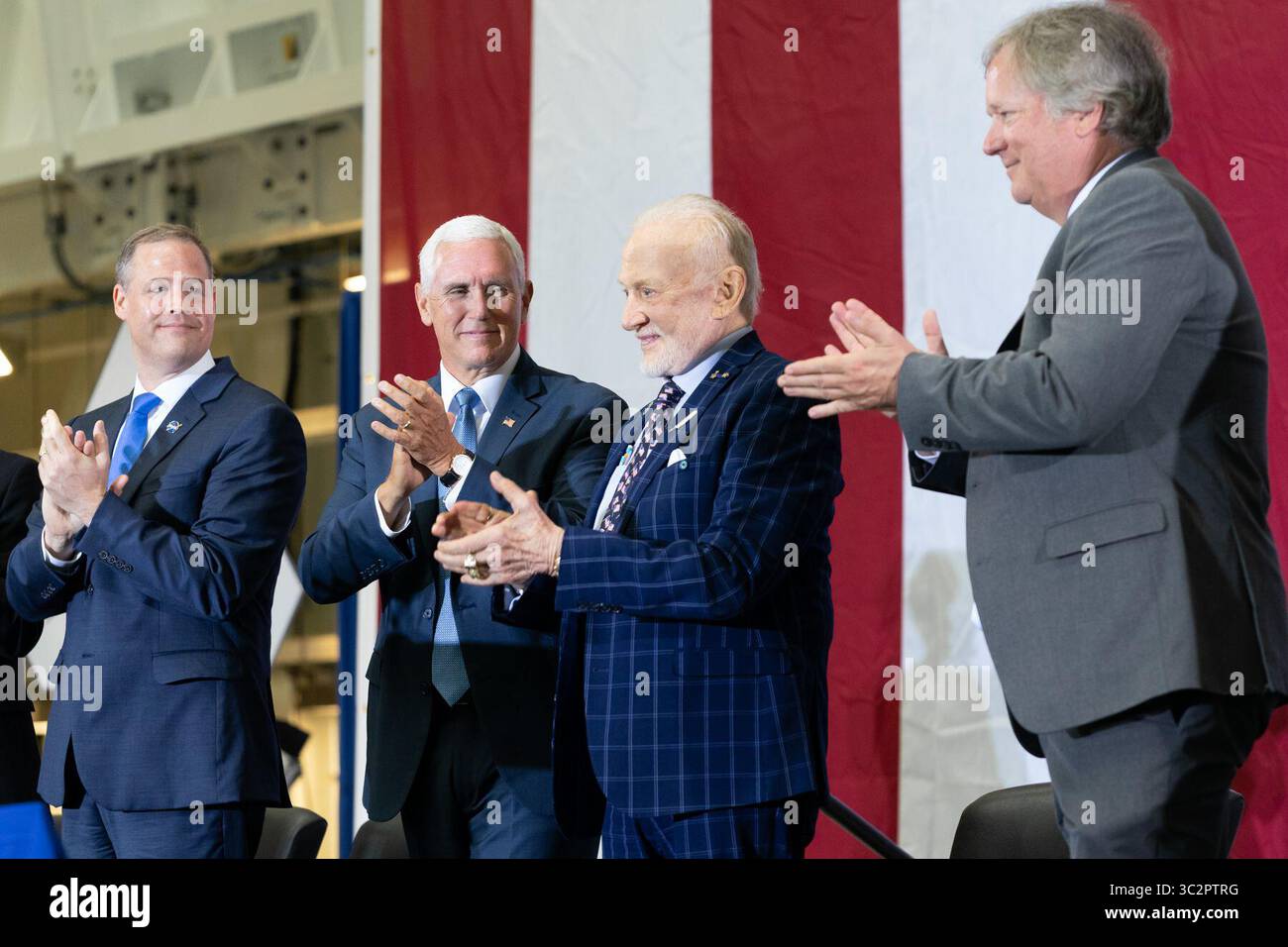 July 20, 2019 - Kennedy Space Center, Florida, USA - Vice President MIKE PENCE is marking the 50th anniversary of humanity's first moon landing at the Apollo 11 launch site. Moonwalker BUZZ ALDRIN accompanied Pence to Florida's Kennedy Space Center on Saturday and showed him the pad where he began that momentous journey 50 years ago. Aldrin later got a standing ovation during a speech by Pence. (Credit Image: © White House/ZUMA Wire/ZUMAPRESS.com) Stock Photo