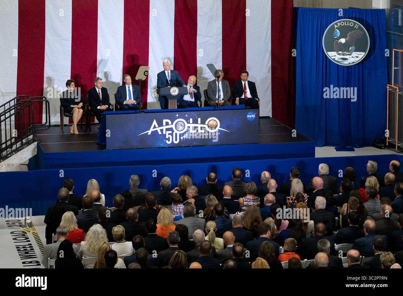 July 20, 2019 - Kennedy Space Center, Florida, USA - Vice President MIKE PENCE is marking the 50th anniversary of humanity's first moon landing at the Apollo 11 launch site. Moonwalker Buzz Aldrin accompanied Pence to Florida's Kennedy Space Center on Saturday and showed him the pad where he began that momentous journey 50 years ago. Aldrin later got a standing ovation during a speech by Pence. (Credit Image: © White House/ZUMA Wire/ZUMAPRESS.com) Stock Photo