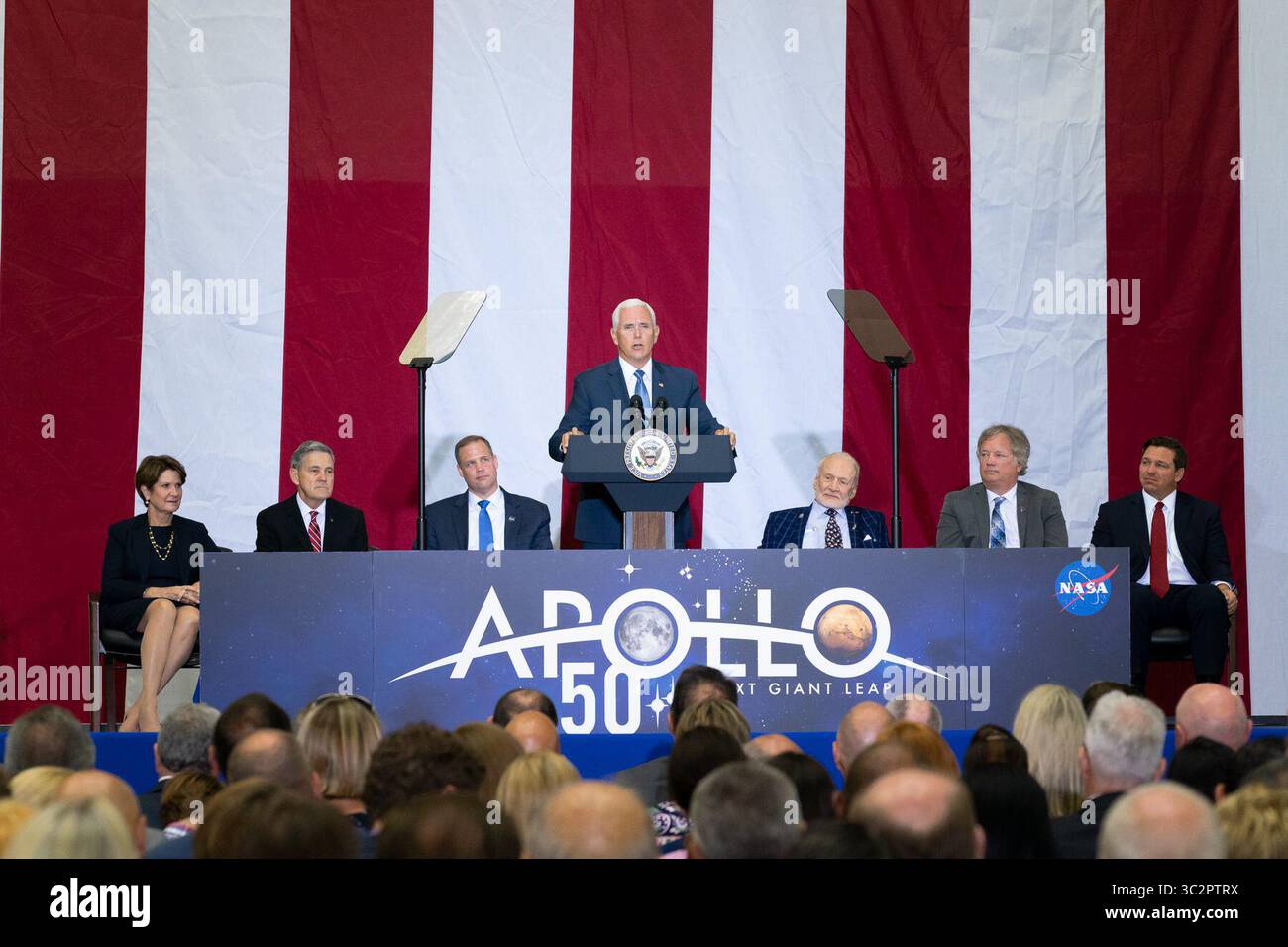 July 20, 2019 - Kennedy Space Center, Florida, USA - Vice President MIKE PENCE is marking the 50th anniversary of humanity's first moon landing at the Apollo 11 launch site. Moonwalker Buzz Aldrin accompanied Pence to Florida's Kennedy Space Center on Saturday and showed him the pad where he began that momentous journey 50 years ago. Aldrin later got a standing ovation during a speech by Pence. (Credit Image: © White House/ZUMA Wire/ZUMAPRESS.com) Stock Photo