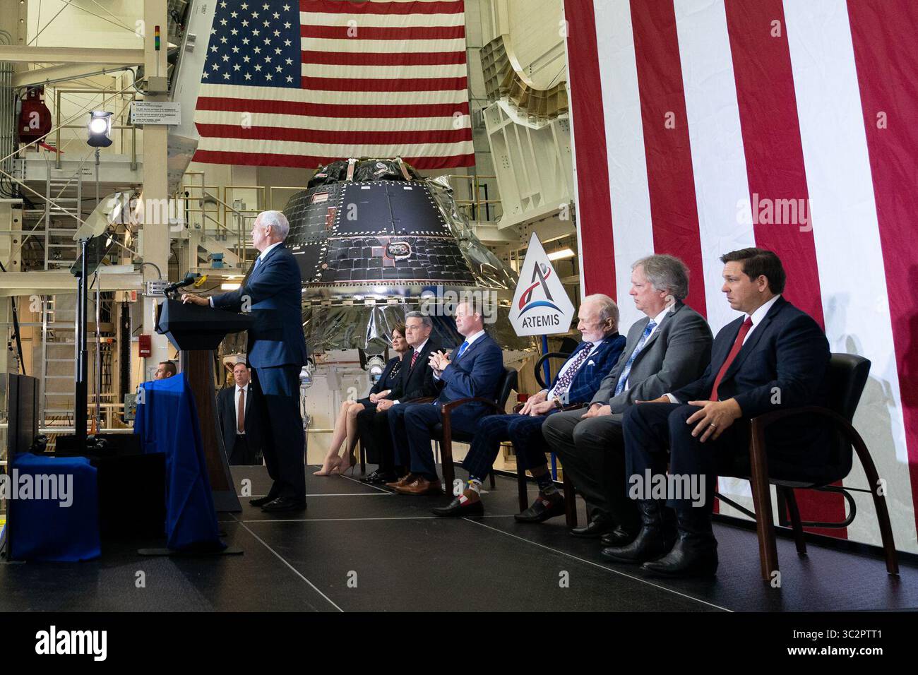 July 20, 2019 - Kennedy Space Center, Florida, USA - Vice President MIKE PENCE is marking the 50th anniversary of humanity's first moon landing at the Apollo 11 launch site. Moonwalker Buzz Aldrin accompanied Pence to Florida's Kennedy Space Center on Saturday and showed him the pad where he began that momentous journey 50 years ago. Aldrin later got a standing ovation during a speech by Pence. (Credit Image: © White House/ZUMA Wire/ZUMAPRESS.com) Stock Photo