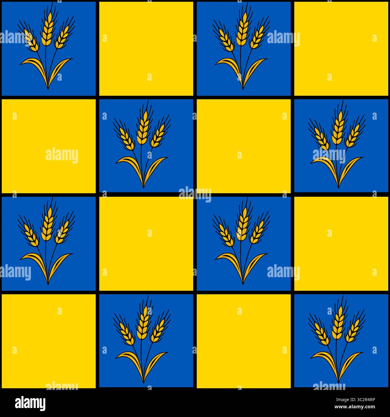Seamless vector pattern with stylized wheat ears on a blue and yellow checkered background, offering a unique design for various applications. Stock Vector