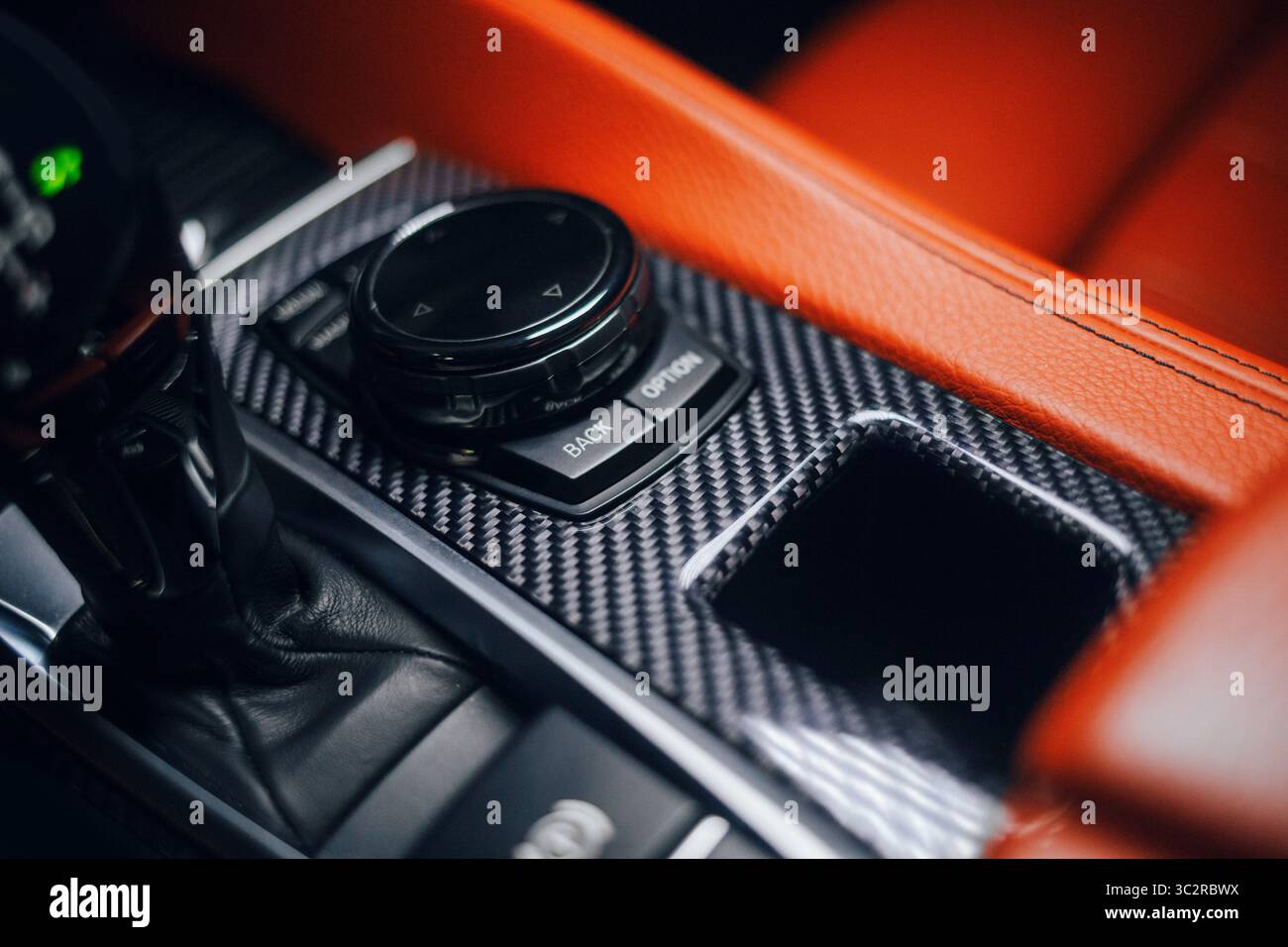Modern and expensive car multimedia control panel, with a gearbox and start function Stock Photo